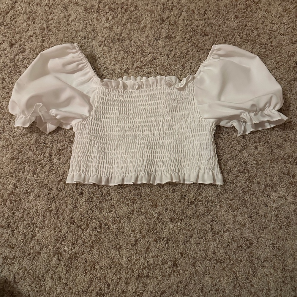 SHEIN White Smocked Blouse with Puff Sleeves